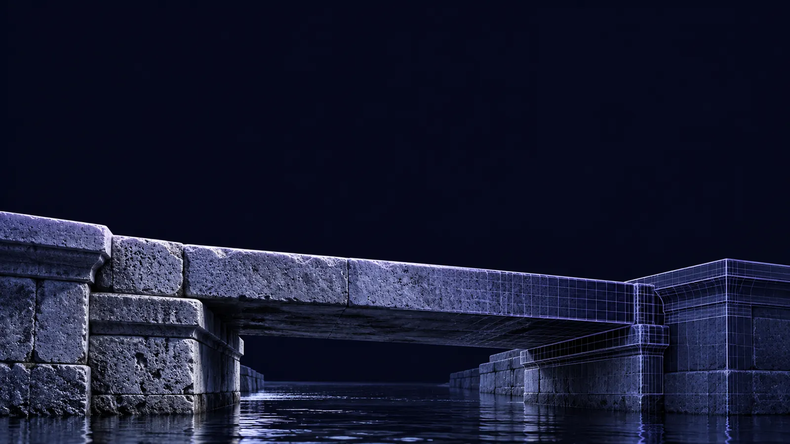 A stone bridge over still water